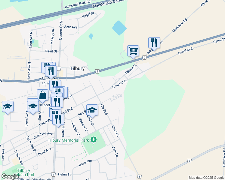 map of restaurants, bars, coffee shops, grocery stores, and more near 73 Canal Street East in Tilbury