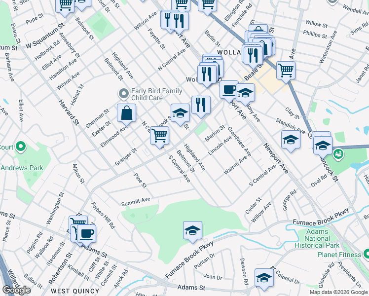 map of restaurants, bars, coffee shops, grocery stores, and more near 278 Highland Avenue in Quincy