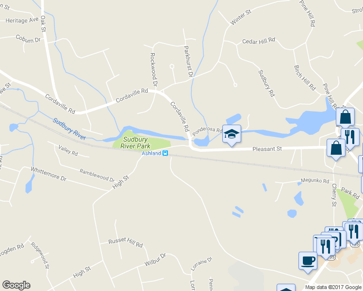 map of restaurants, bars, coffee shops, grocery stores, and more near 0 High Street in Ashland