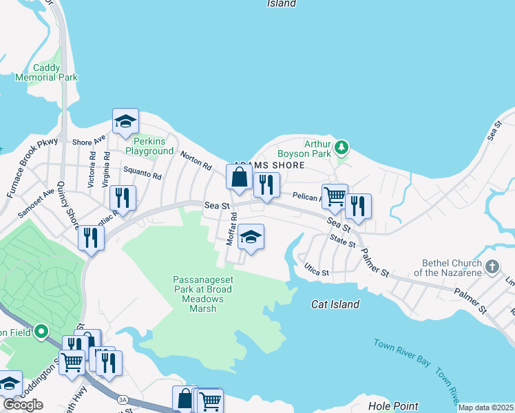 map of restaurants, bars, coffee shops, grocery stores, and more near 4 Curlew Road in Quincy