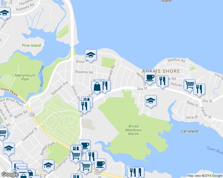 map of restaurants, bars, coffee shops, grocery stores, and more near 93 Narragansett Road in Quincy
