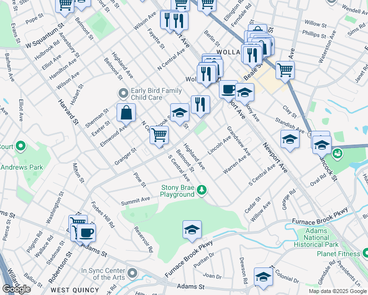 map of restaurants, bars, coffee shops, grocery stores, and more near 278 Highland Avenue in Quincy