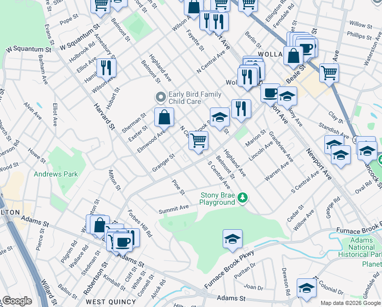 map of restaurants, bars, coffee shops, grocery stores, and more near 14 Granger Street in Quincy