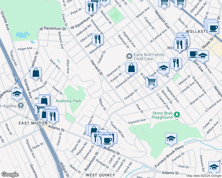 map of restaurants, bars, coffee shops, grocery stores, and more near 226 Harvard Street in Quincy