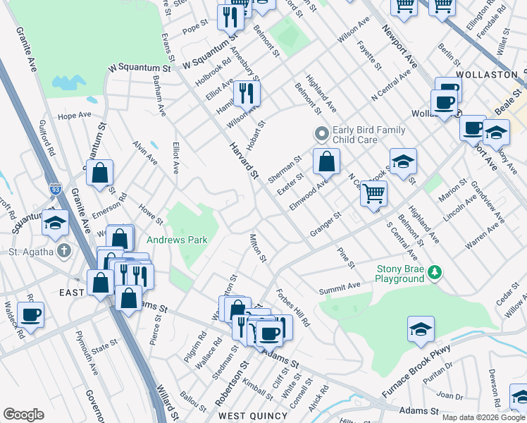 map of restaurants, bars, coffee shops, grocery stores, and more near 64 Piermont Street in Quincy