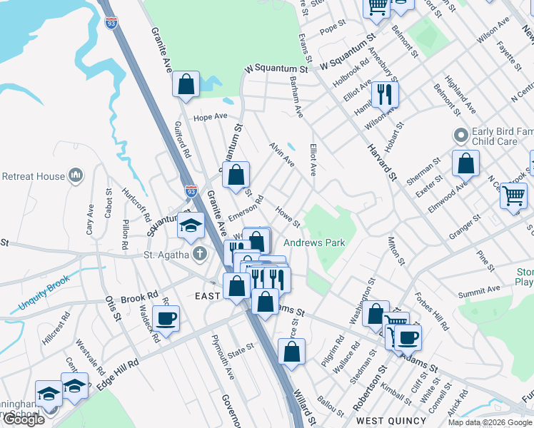 map of restaurants, bars, coffee shops, grocery stores, and more near 19 Howe Street in Milton