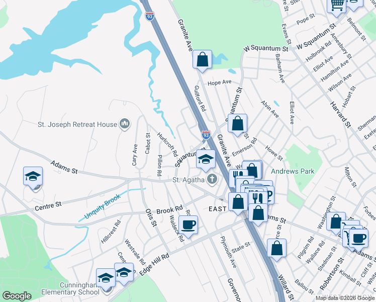 map of restaurants, bars, coffee shops, grocery stores, and more near 30 Squantum Street in Milton