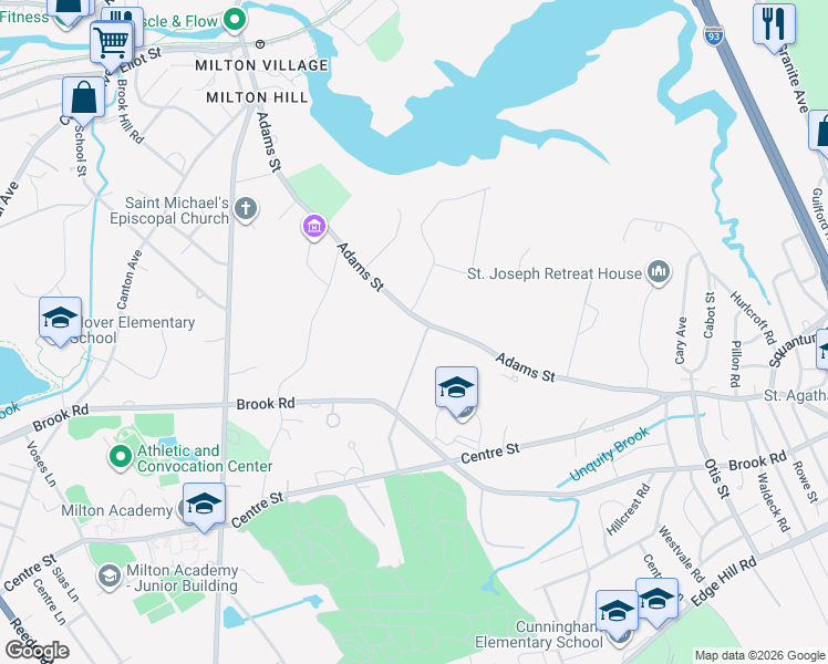 map of restaurants, bars, coffee shops, grocery stores, and more near 271 Adams Street in Milton