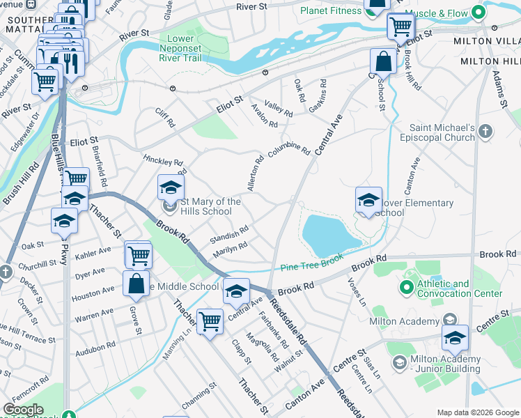 map of restaurants, bars, coffee shops, grocery stores, and more near 179 Hinckley Road in Milton