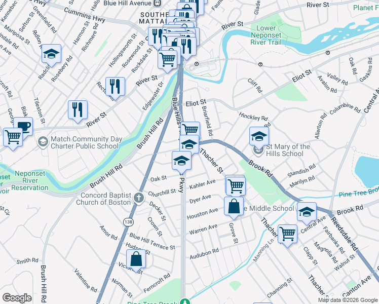 map of restaurants, bars, coffee shops, grocery stores, and more near 10 Thacher Street in Milton