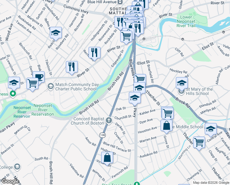 map of restaurants, bars, coffee shops, grocery stores, and more near 82 Brush Hill Road in Milton