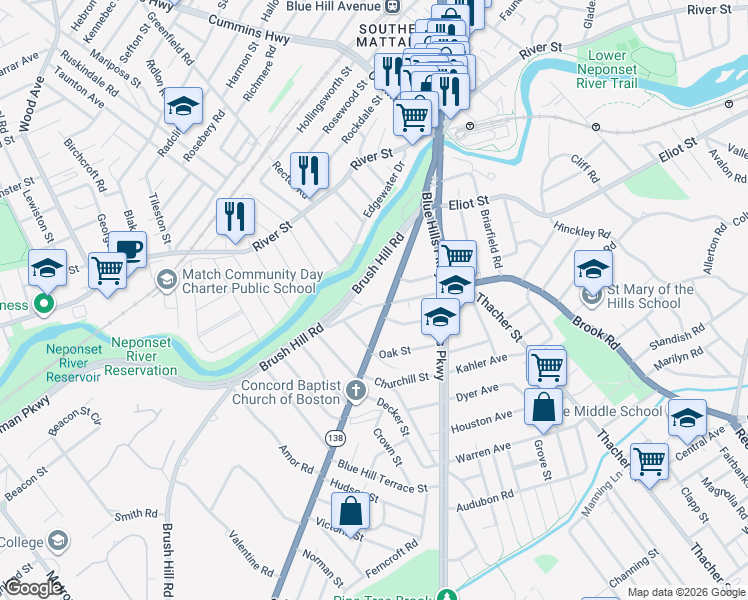map of restaurants, bars, coffee shops, grocery stores, and more near 82 Brush Hill Road in Milton