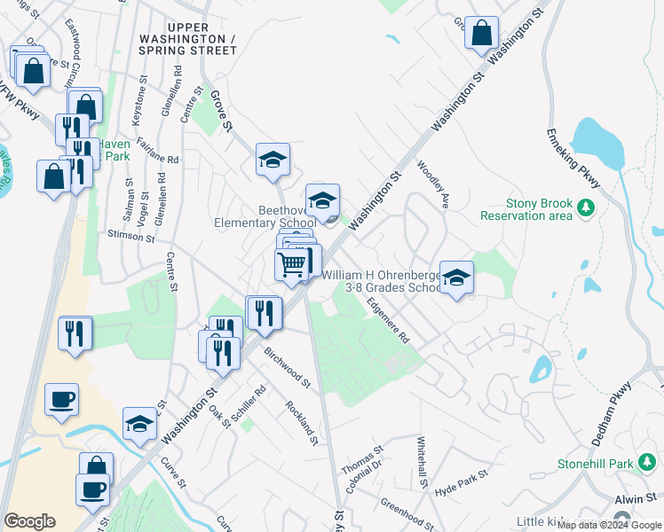 map of restaurants, bars, coffee shops, grocery stores, and more near 514 Washington Street in Boston