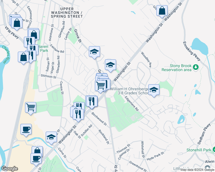 map of restaurants, bars, coffee shops, grocery stores, and more near 5165 Washington Street in Boston