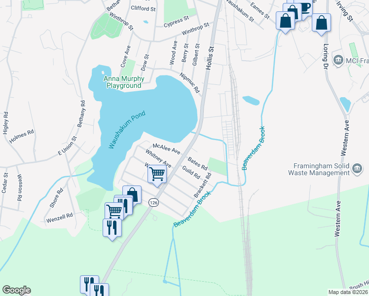 map of restaurants, bars, coffee shops, grocery stores, and more near 17 McAlee Avenue in Framingham