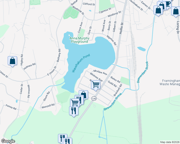 map of restaurants, bars, coffee shops, grocery stores, and more near 37 Miller Avenue in Framingham