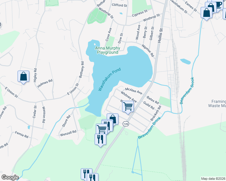 map of restaurants, bars, coffee shops, grocery stores, and more near 24 Miller Avenue in Framingham