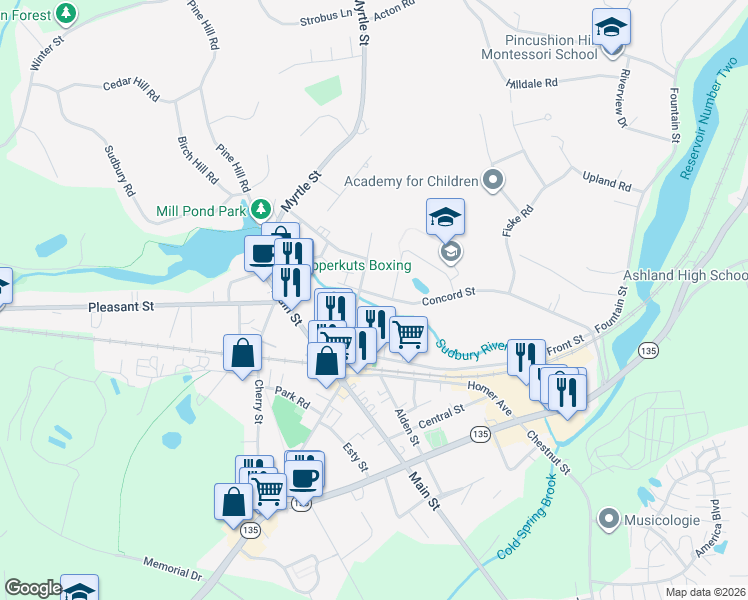 map of restaurants, bars, coffee shops, grocery stores, and more near 74 Concord Street in Ashland