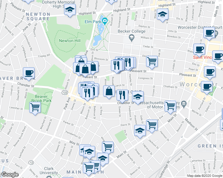 map of restaurants, bars, coffee shops, grocery stores, and more near 9 Winslow Street in Worcester