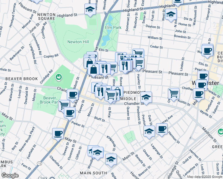 map of restaurants, bars, coffee shops, grocery stores, and more near 9 Winslow Street in Worcester
