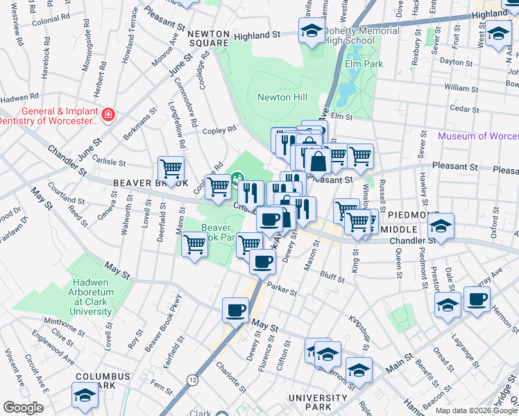 map of restaurants, bars, coffee shops, grocery stores, and more near 40 Abbott Street in Worcester
