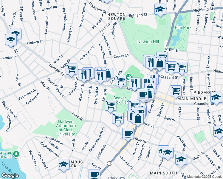 map of restaurants, bars, coffee shops, grocery stores, and more near 4 Coolidge Road in Worcester
