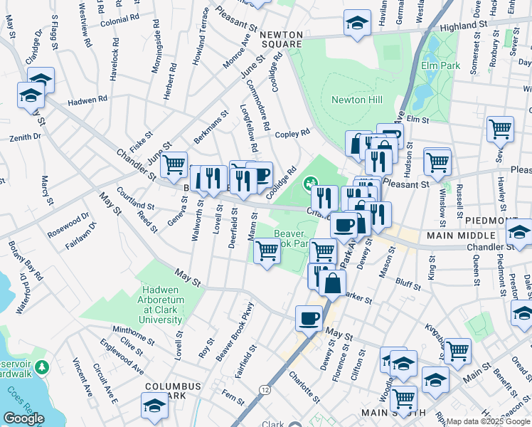 map of restaurants, bars, coffee shops, grocery stores, and more near 4 Coolidge Road in Worcester