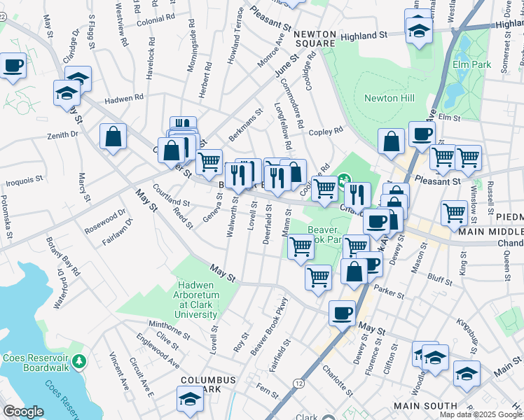 map of restaurants, bars, coffee shops, grocery stores, and more near 358 Chandler Street in Worcester