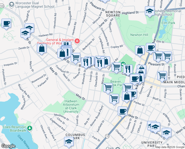 map of restaurants, bars, coffee shops, grocery stores, and more near 358 Chandler Street in Worcester
