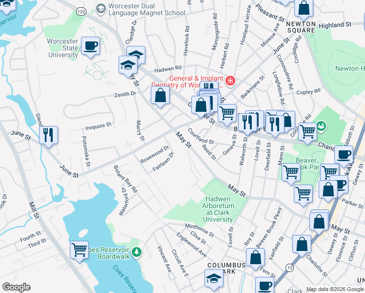 map of restaurants, bars, coffee shops, grocery stores, and more near 30 Fairlawn Drive in Worcester
