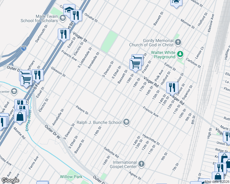 map of restaurants, bars, coffee shops, grocery stores, and more near 3117 Bassett Street in Detroit