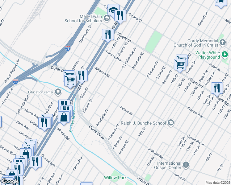 map of restaurants, bars, coffee shops, grocery stores, and more near 3353 South Liddesdale Street in Detroit