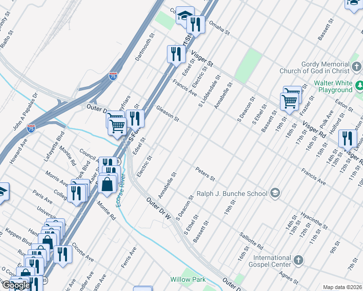 map of restaurants, bars, coffee shops, grocery stores, and more near 3353 South Liddesdale Street in Detroit
