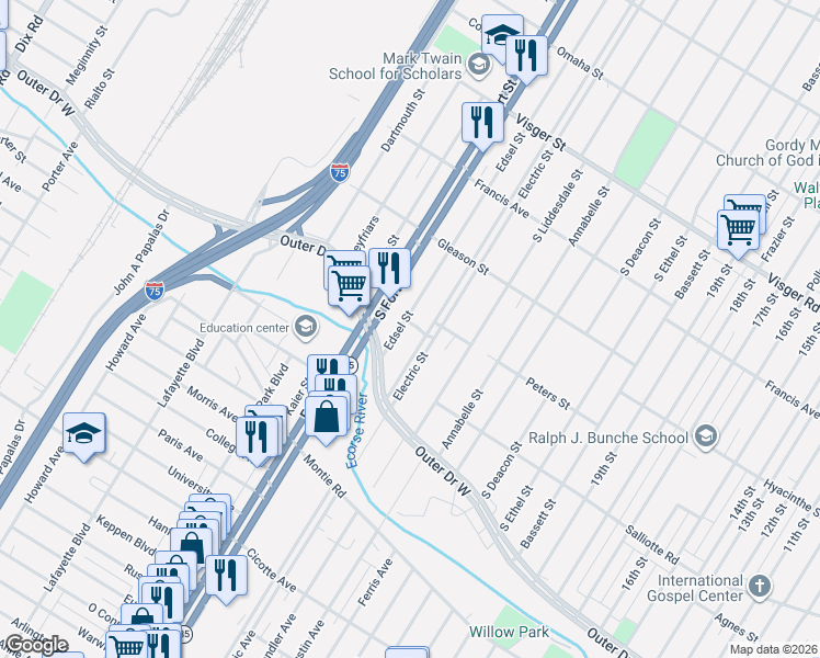 map of restaurants, bars, coffee shops, grocery stores, and more near 3500 Edsel Street in Detroit