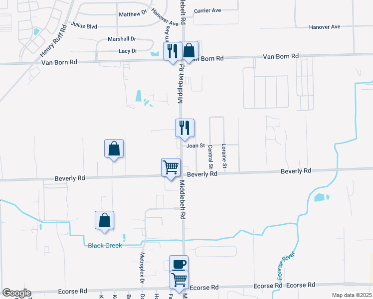 map of restaurants, bars, coffee shops, grocery stores, and more near 6236 Hyde Park Street in Romulus