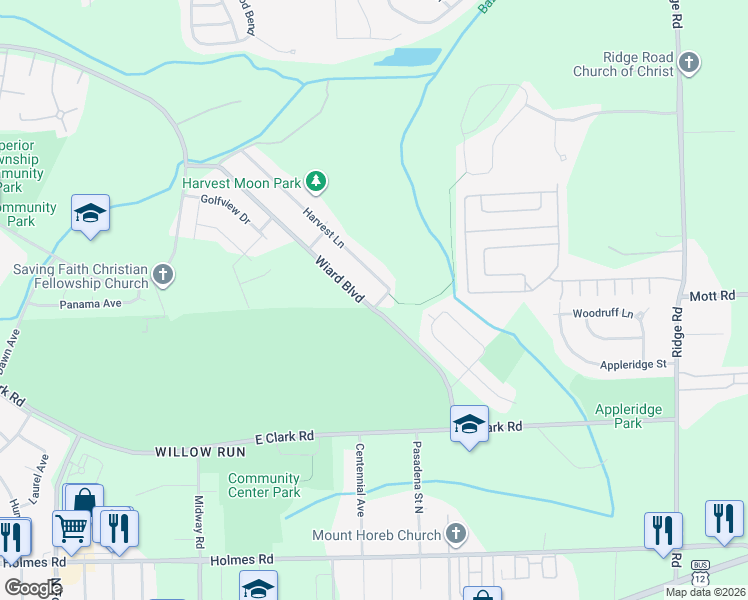 map of restaurants, bars, coffee shops, grocery stores, and more near 1501 Harvest Lane in Superior Charter Township