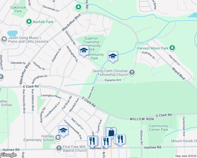 map of restaurants, bars, coffee shops, grocery stores, and more near 1550 Dawn Avenue in Superior Charter Township