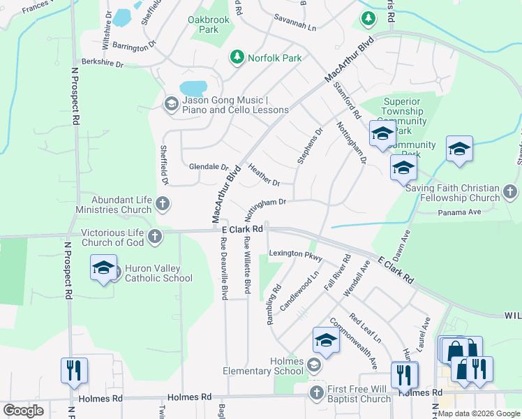 map of restaurants, bars, coffee shops, grocery stores, and more near 8715 Nottingham Drive in Superior Charter Township