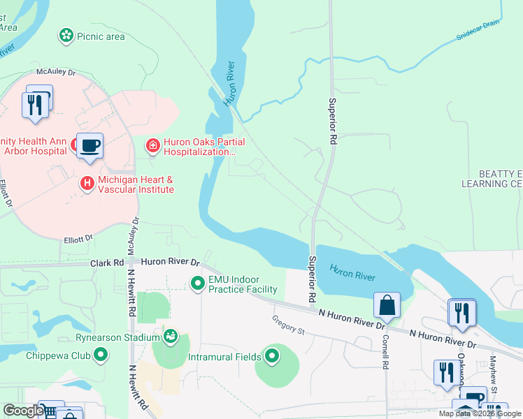 map of restaurants, bars, coffee shops, grocery stores, and more near 6140 First Street in Superior Charter Township