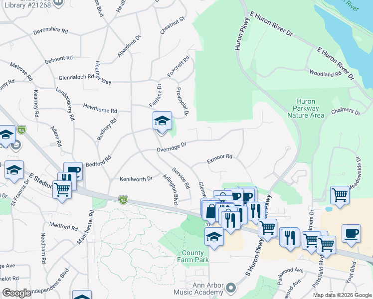 map of restaurants, bars, coffee shops, grocery stores, and more near 2855 Overridge Drive in Ann Arbor