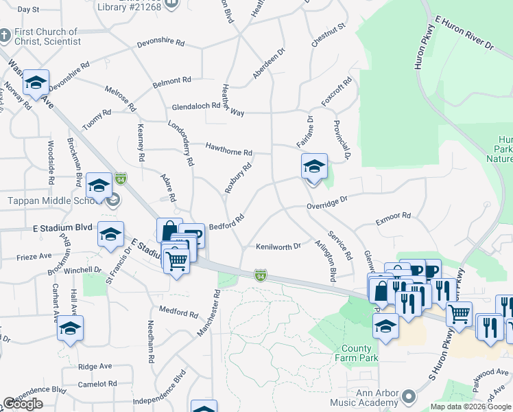 map of restaurants, bars, coffee shops, grocery stores, and more near 2670 Bedford Road in Ann Arbor