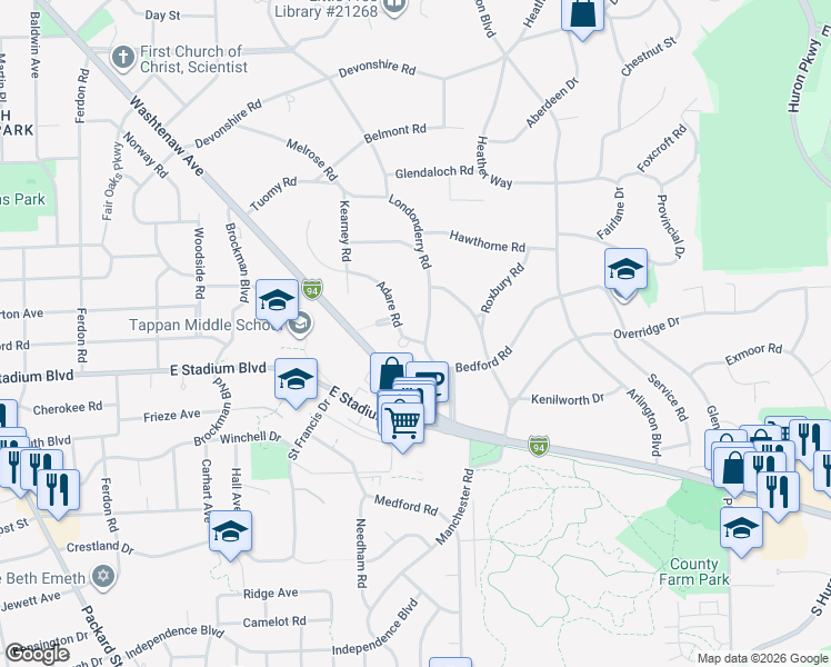 map of restaurants, bars, coffee shops, grocery stores, and more near 2516 Londonderry Road in Ann Arbor