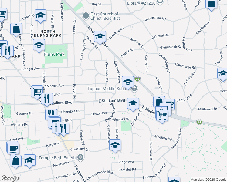 map of restaurants, bars, coffee shops, grocery stores, and more near 2307 Brockman Boulevard in Ann Arbor