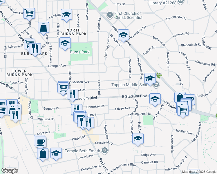 map of restaurants, bars, coffee shops, grocery stores, and more near 1710 Morton Avenue in Ann Arbor