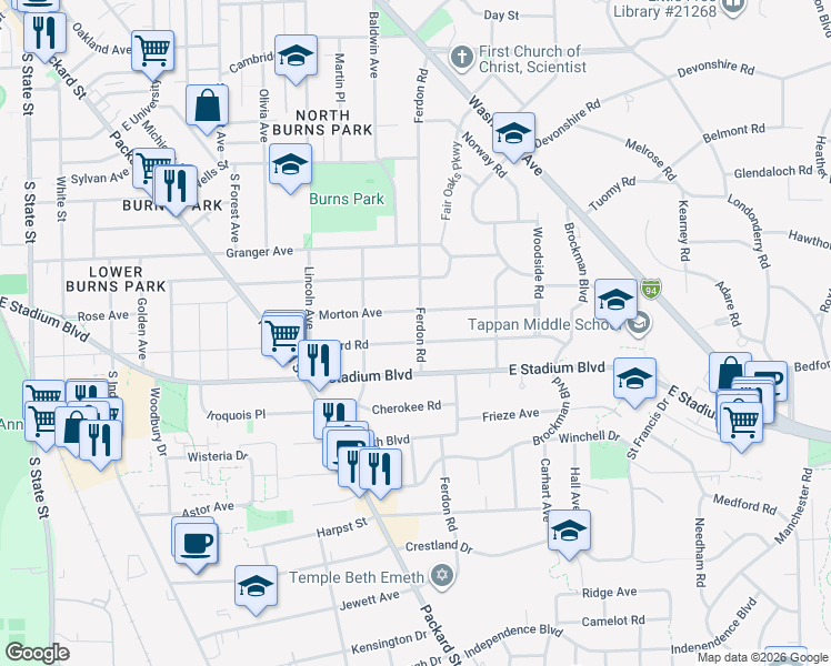 map of restaurants, bars, coffee shops, grocery stores, and more near 1616 Morton Avenue in Ann Arbor