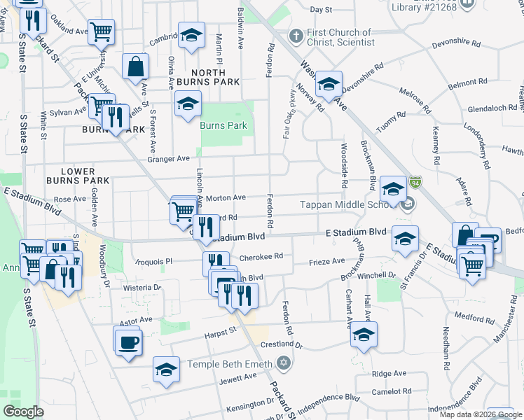 map of restaurants, bars, coffee shops, grocery stores, and more near 1616 Morton Avenue in Ann Arbor