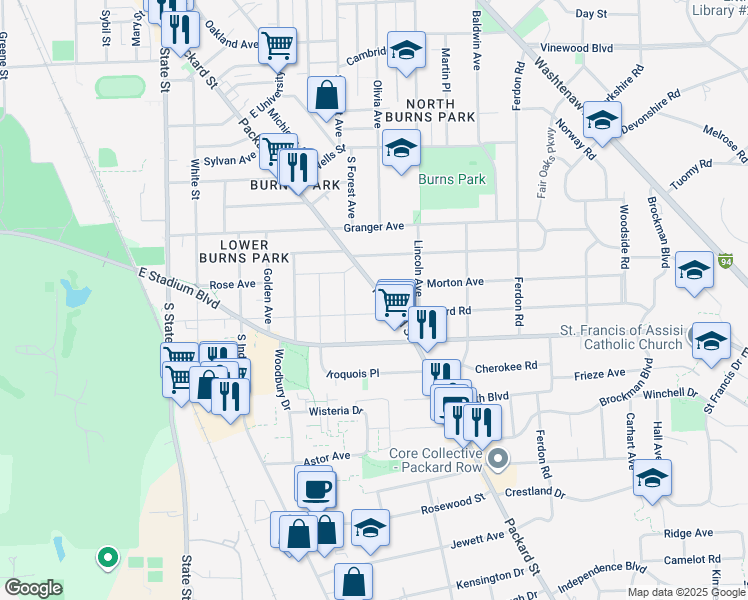 map of restaurants, bars, coffee shops, grocery stores, and more near 1570 Packard Street in Ann Arbor