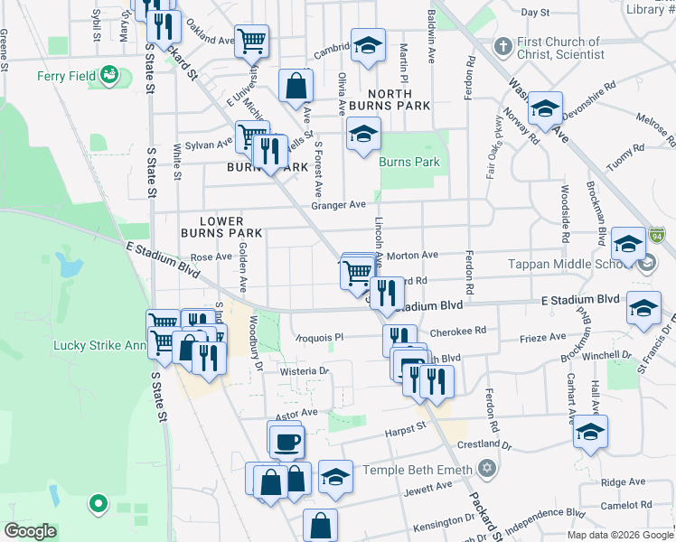 map of restaurants, bars, coffee shops, grocery stores, and more near 1546 Packard Street in Ann Arbor