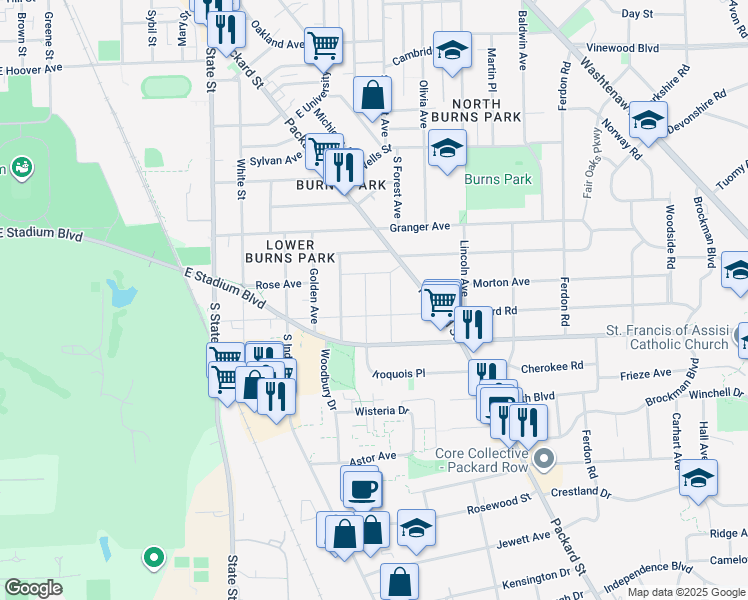 map of restaurants, bars, coffee shops, grocery stores, and more near 1512 Montclair Place in Ann Arbor
