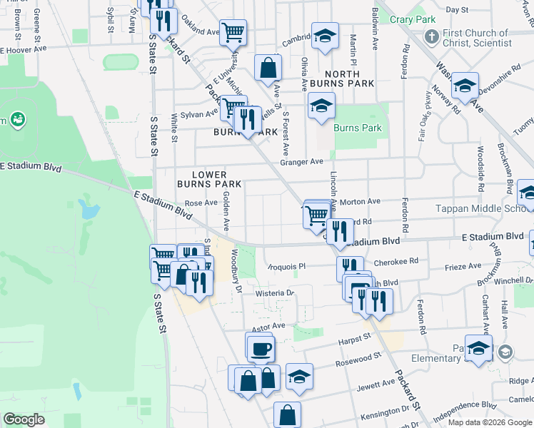 map of restaurants, bars, coffee shops, grocery stores, and more near 1512 Montclair Place in Ann Arbor